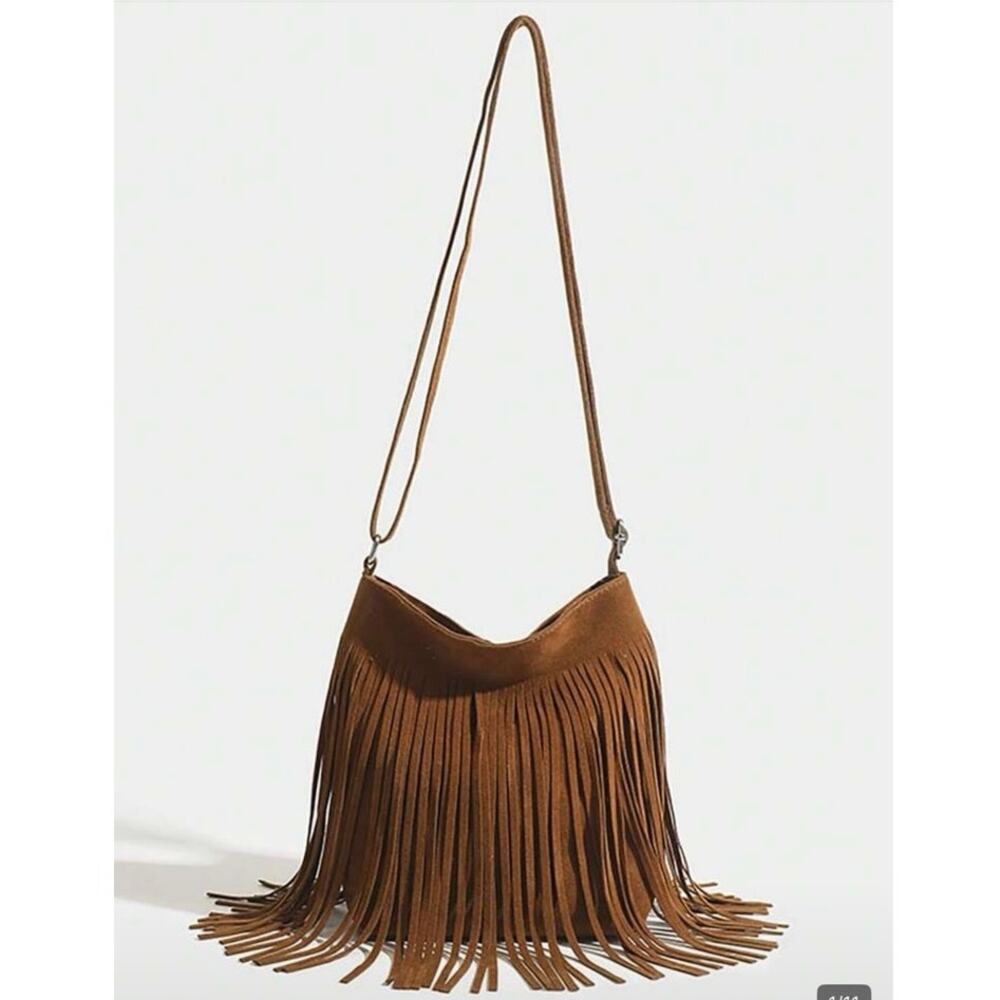 Boho Fringe Small Crossbody Bag Cognac Brown Concert Festival Western Purse NWT - Picture 10 of 10